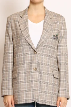 Tensione In Giacca fantasia check c/spilla camel/blu/celeste