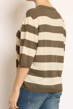 Kontatto Maglia scollo v a righe misto lino oliva/crema