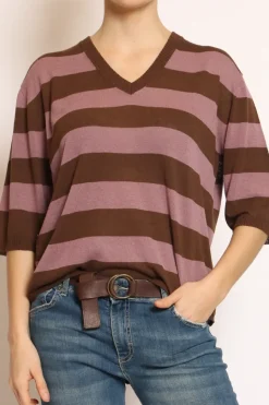 Kontatto Maglia scollo v a righe misto lino cioccolato/mauve