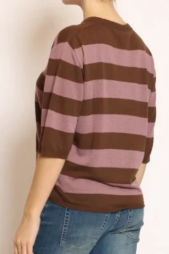 Kontatto Maglia scollo v a righe misto lino cioccolato/mauve