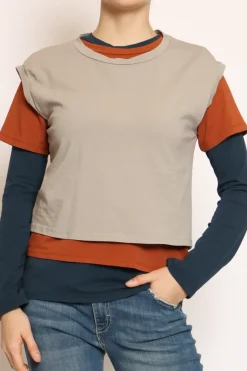 Set tre t-shirt in jersey elasticizzato taupe/coccio/blu