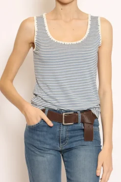 Zeroassoluto Top righe fine con passamaneria bianco/jeans