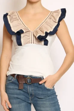 Have one Top scollo a V con volant bianco/beige/blu