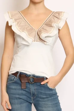 Have one Top scollo a V con volant bianco/beige/bianco