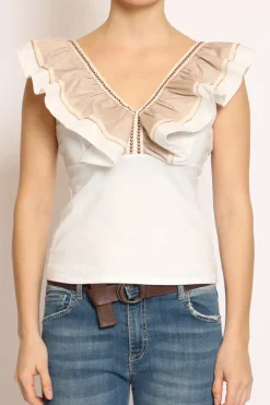 Have one Top scollo a V con volant bianco/beige/bianco
