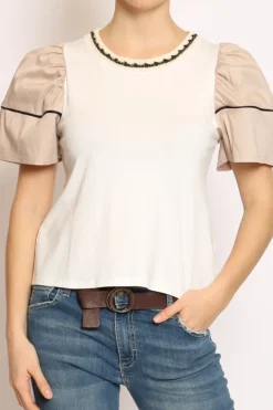 Have one T-shirt manica palloncino righina bianco/beige