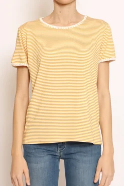 Zeroassoluto T-shirt righe fine con macramu00e8 bianco/senape