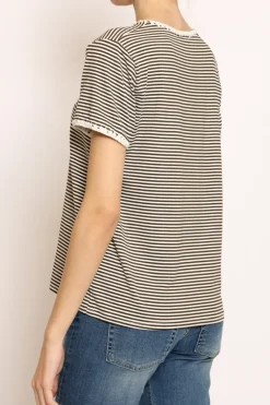 Zeroassoluto T-shirt righe fine con macramu00e8 bianco/militare
