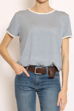 Zeroassoluto T-shirt righe fine con macramu00e8 bianco/jeans