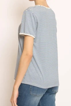 Zeroassoluto T-shirt righe fine con macramu00e8 bianco/jeans