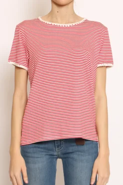 Zeroassoluto T-shirt righe fine con macramu00e8 bianco/rosso