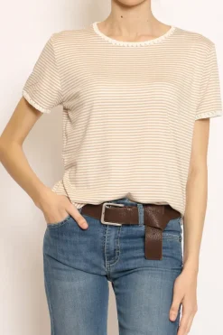 Zeroassoluto T-shirt righe fine con macramu00e8 bianco/beige
