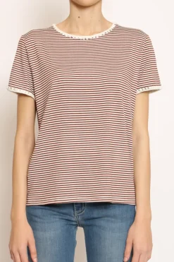 Zeroassoluto T-shirt righe fine con macramu00e8 bianco/tabacco