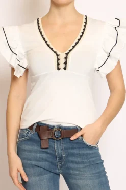 Have one T-shirt scollo V manica volant righina bianco/bianco