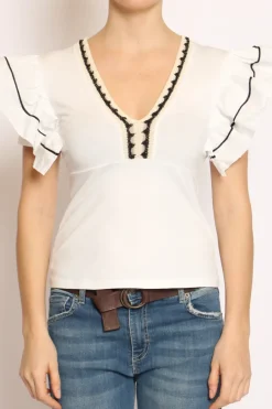 Have one T-shirt scollo V manica volant righina bianco/bianco